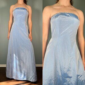 Vintage 90s Prom Dress, 1990s Blue Sparkly Strapless A-Line Gown